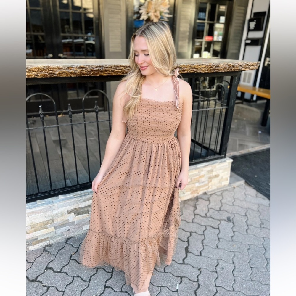 Entro Camel Polka Dotted Mesh Overlay Shoulder Tie Maxi Dress Medium Fairycore - Picture 5 of 16